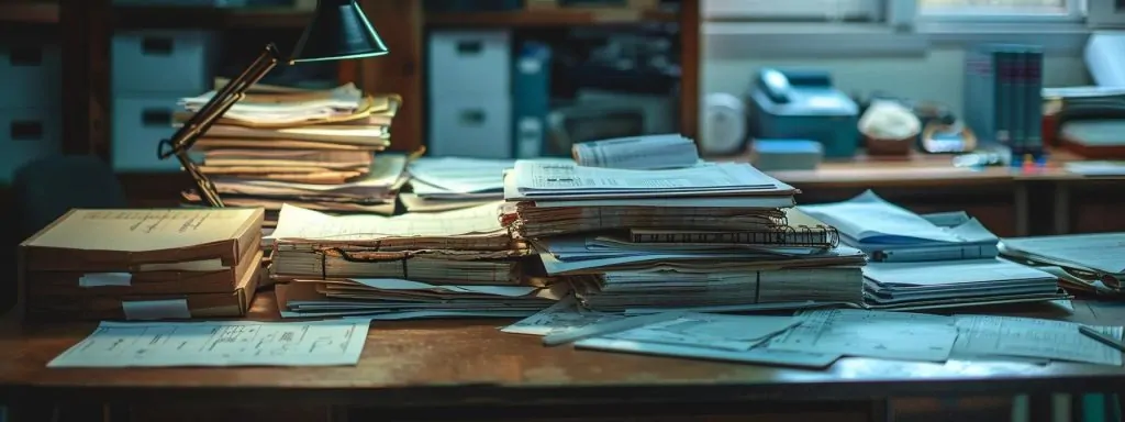 a meticulously organized desk displays an array of medical records, witness statements, and accident reports, illuminated by soft natural light, symbolizing the thorough preparation needed for effective workers' comp negotiations.
