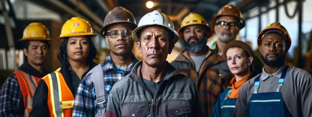 a poignant composition capturing a diverse group of workers in a bustling industrial setting, each exhibiting expressions of concern and determination, symbolizing the various injuries and challenges covered by california workers' compensation laws, illuminated by stark overhead lighting that emphasizes the gravity of their circumstances.