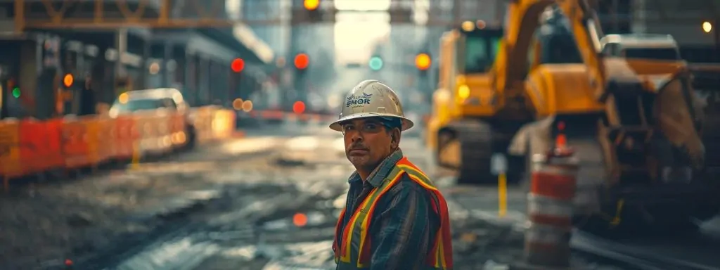 a powerful image depicting a weary but determined worker in a hard hat, surrounded by construction equipment and blurred safety signs, symbolizing the resilience and support found in california's workers' compensation system.