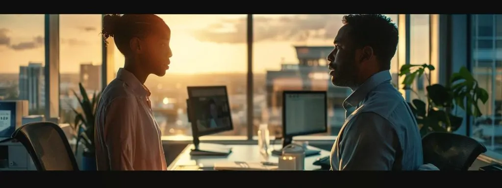 a powerful visual captures a tense negotiation between an employer and an employee, set against a backdrop of a stark office environment, symbolizing the complexities of workers' compensation disputes with dramatic lighting highlighting their expressions of concern and resolution.
