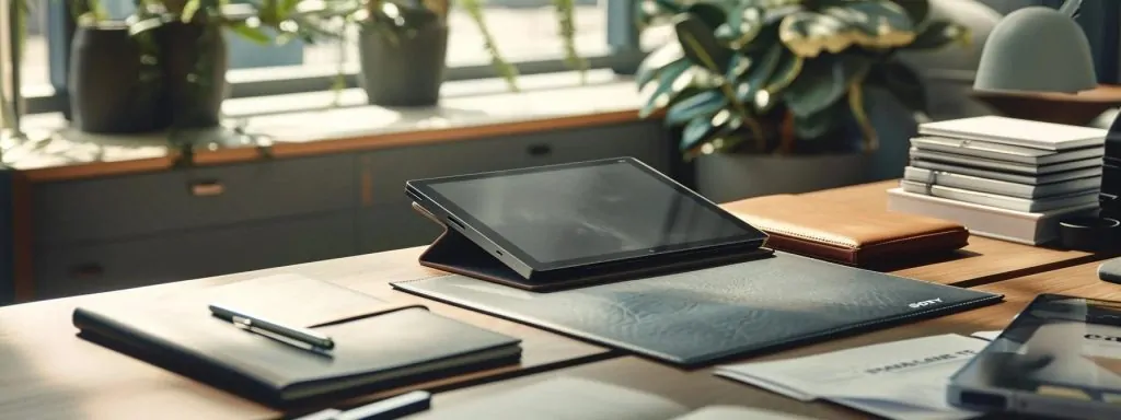 a pristine office space bathed in soft, natural light showcases an intricately organized desk, featuring a sleek digital tablet, a leather-bound notebook, and neatly stacked documents, symbolizing meticulous record-keeping and professional communication.