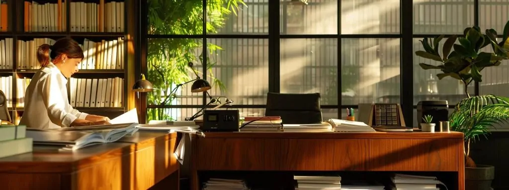 a professional and focused office setting captures a worker reviewing essential documents related to their workers' compensation claim, illuminated by soft, natural light that highlights the sense of urgency and importance in navigating the claims process.