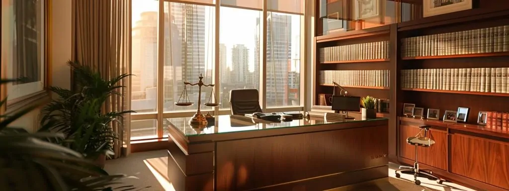a professional attorney's office in long beach, showcasing a sleek desk with legal documents, scales of justice symbolizing fairness, and a bright window filtering in warm sunlight, emphasizing clarity in navigating attorney fee structures.