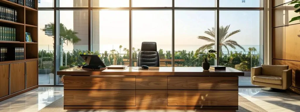 a professional, modern law office with a sleek wooden desk and a large window offering a view of long beach, showcasing a confident attorney seated in front of legal documents, emphasizing the theme of varied legal consultations and costs in family, criminal, and business law.