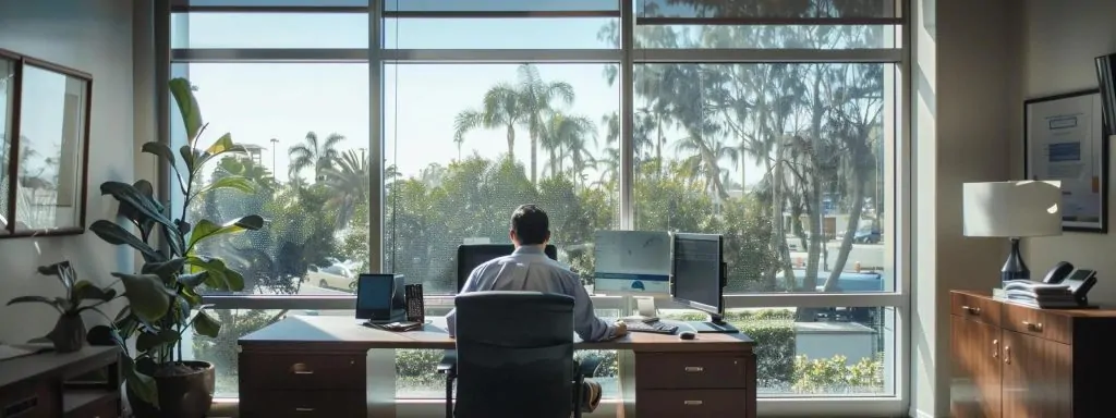 a professional workspace in long beach, featuring a focused attorney engaged in a consultation, surrounded by resources on workers' compensation, illuminated by soft, natural light filtering through a large window, creating an inviting and supportive atmosphere for clients seeking assistance.