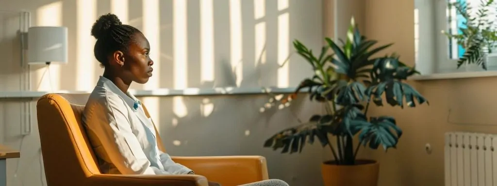 a solemn yet determined individual sits in a well-lit office, candidly discussing their recovery journey and challenges with a workers' comp attorney, emphasizing the importance of transparency in navigating their case.