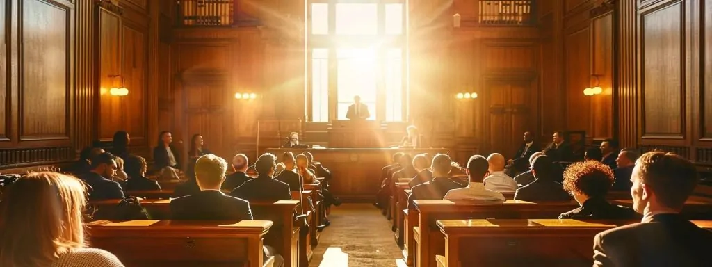 a tense and focused workers' compensation appeal hearing unfolds in a sunlit courtroom, where a determined attorney presents compelling evidence, surrounded by attentive participants engaged in the pursuit of justice.