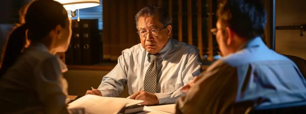 a tense negotiation scene between a distressed individual and a stern insurance representative, illuminated by harsh fluorescent lighting, capturing the urgent need for legal assistance amidst a backdrop of paperwork and legal documents.