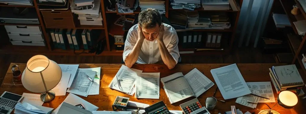 a thoughtful injured worker sits at a desk surrounded by scattered legal documents and a calculator, visually representing the complexities and hidden costs involved in navigating the workers' compensation process.