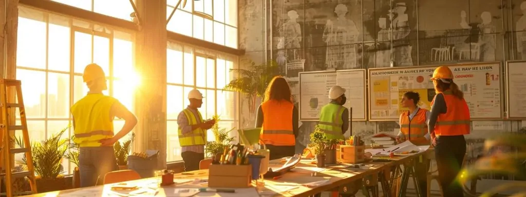 a vibrant, informative scene depicting a diverse group of workers in long beach engaged in a safety training session, surrounded by visual aids illustrating workers' compensation laws, with warm sunlight streaming through a bright workspace, highlighting the importance of understanding workplace rights.