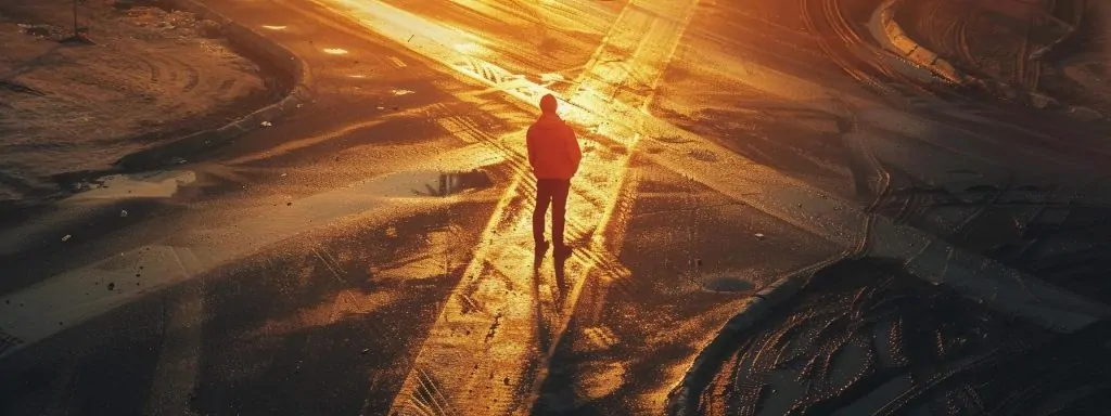 a visually impactful scene captures an injured worker contemplatively standing at a crossroads, with one path symbolizing the complexity of the appeals process and the other representing the initial claims route, bathed in contrasting light to emphasize the weight of their choices.