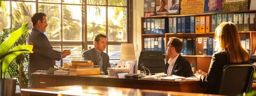 a visually powerful scene of a bustling long beach law office, illuminated by soft natural light, showcasing a confident attorney discussing cases with clients amid motivational posters and books highlighting workers' compensation resources.