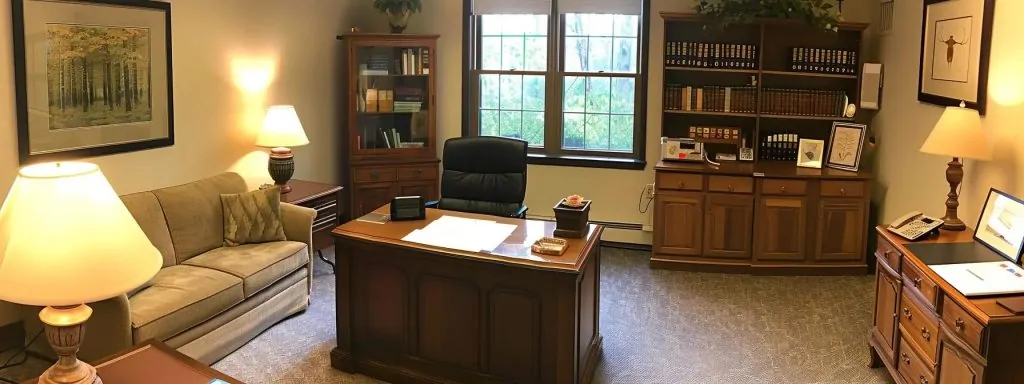 a warm, inviting office space illuminated by soft, natural light, featuring a well-organized desk, reflecting a professional yet approachable workers' compensation attorney ready to engage in open communication with their clients.