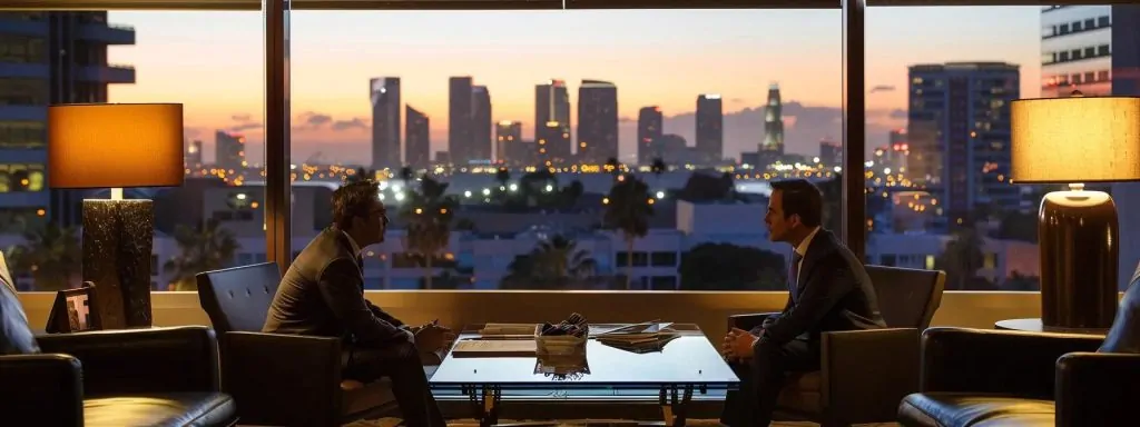 an imposing long beach skyline looms in the background while a determined attorney engages with a client in a modern office, illuminated by warm, inviting lighting that emphasizes the consultation's importance.