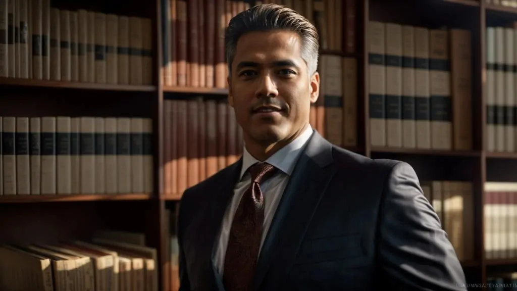 a confident attorney stands in a sunlit long beach office, surrounded by legal books and documents, exuding professionalism and expertise in workers' compensation law.