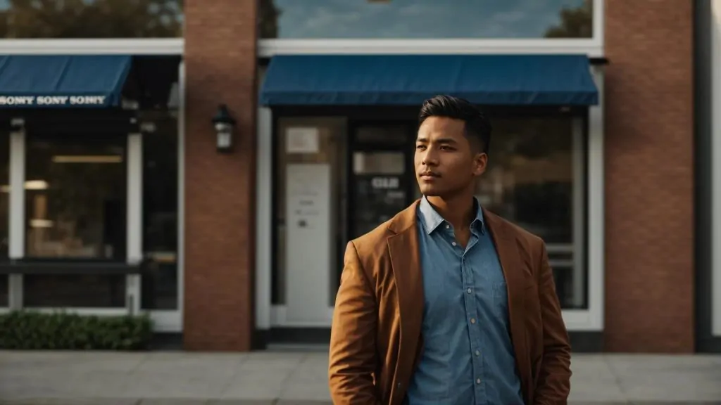 a confident individual stands in front of a local law office, with a determined expression and documents in hand, symbolizing the journey of navigating workers' compensation claims under a bright, hopeful sky.