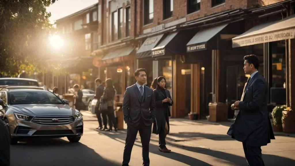 a confident local workers' compensation lawyer stands in a bustling community setting, engaging with a diverse group of clients, showcasing their commitment to personalized service and local expertise, bathed in warm golden light to emphasize trust and accessibility.