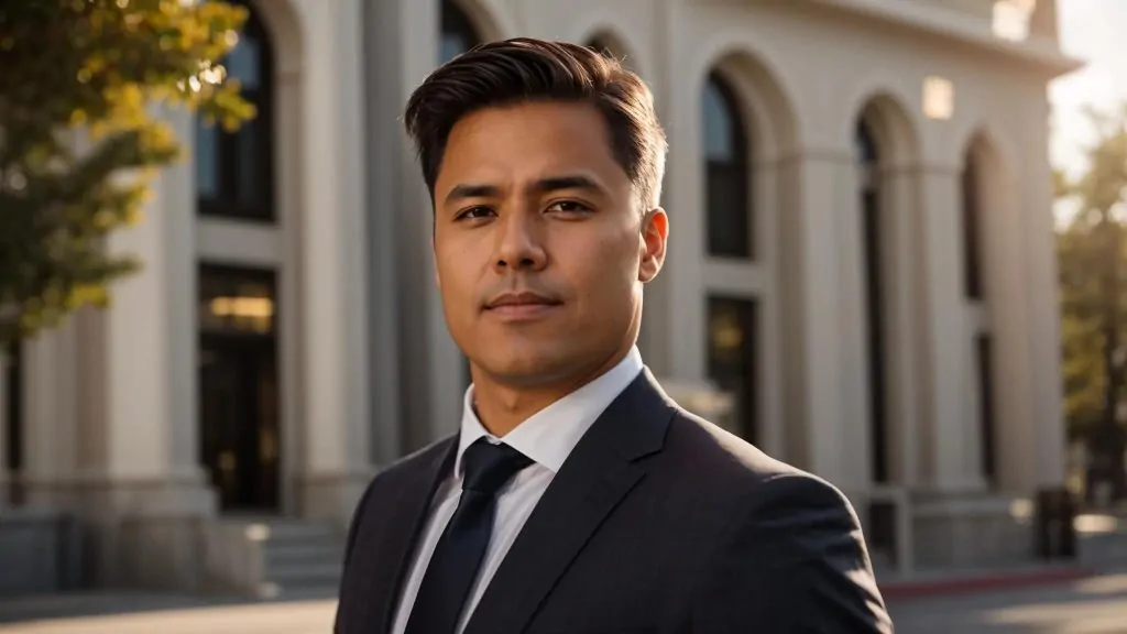 a confident local workers' compensation lawyer stands in front of a sunlit courthouse, exuding trust and professionalism, with the vibrant community in the background symbolizing strong ties to the local area.