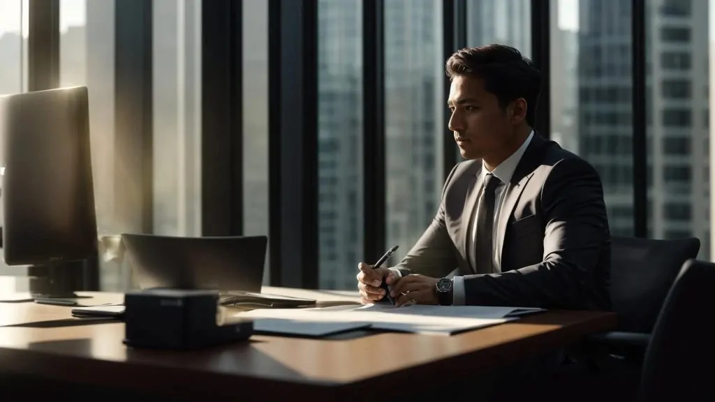 a confident worker sits at a sleek desk, engaged in a focused discussion with a professional attorney in a modern office setting, illuminated by soft natural light filtering through large windows, symbolizing the importance of understanding legal fees in workers' compensation claims.