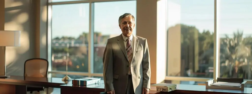 a confident workers' compensation attorney stands in a sleek, modern office, surrounded by legal books and documents, illuminated by warm, natural light filtering through large windows, portraying professionalism and expertise in long beach.