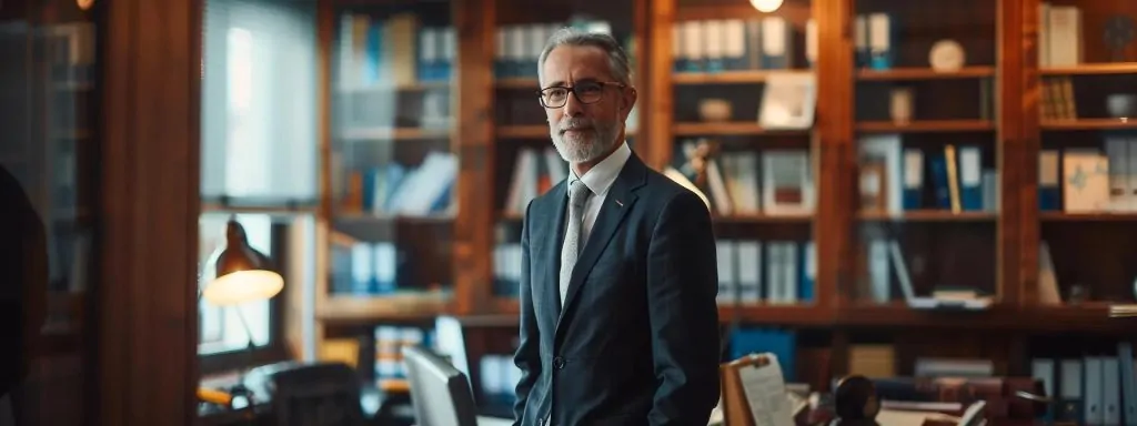 a confident workers' compensation attorney stands in a well-lit office, surrounded by legal books and documents, symbolizing their expertise in guiding injured employees through the complexities of claims.