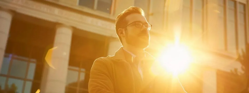 a determined worker stands confidently before a courthouse, embodying the empowerment and support gained through professional legal representation in workers' compensation claims, with sunlight casting a warm glow that symbolizes hope and recovery.