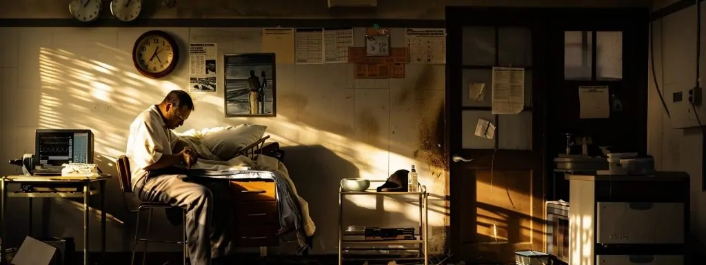 a distressed worker, seated on the edge of a dimly lit hospital bed, surrounded by unpaid medical bills and a clock casting a shadow, embodies the anxiety and urgency of navigating insurance deadlines.