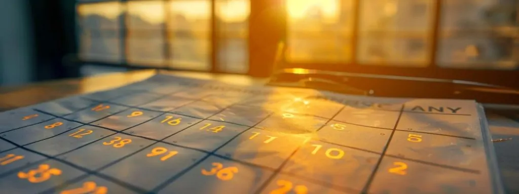 a focused close-up of a calendar page with highlighted deadlines, emphasizing the urgency of timely reporting and filing in workers' compensation claims, illuminated by warm, natural light filtering through a nearby window.