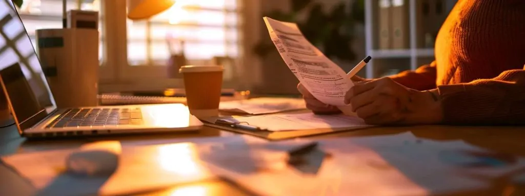 a focused office scene captures an injured employee seated at a desk, diligently completing a workers' compensation claim form, surrounded by supportive medical documents and a glowing laptop, all illuminated by natural light streaming through a nearby window.