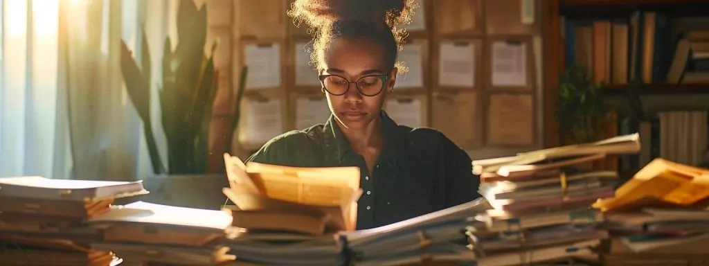 a focused scene depicts a confident individual surrounded by organized legal documents and medical records, symbolizing empowerment and preparation for settlement negotiations, with warm, ambient lighting highlighting their determined expression.
