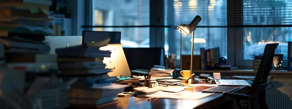 a professional workspace illuminated by soft, natural light showcases a lone desk cluttered with documents and a computer, symbolizing the complexities of understanding workers' compensation injuries in california.