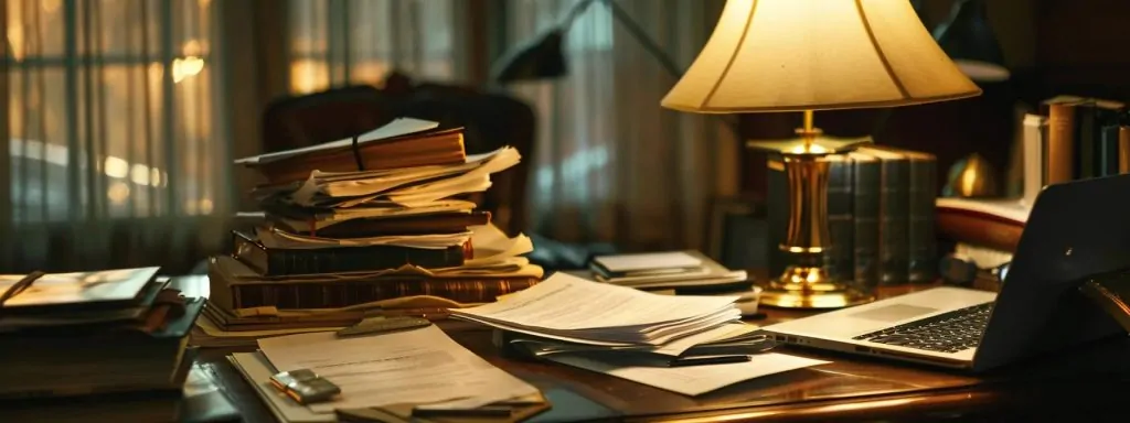 a professional workspace is illuminated by soft, natural light, showcasing an organized desk filled with essential documents and a laptop, symbolizing a meticulous approach to preparing for a workers' compensation case.