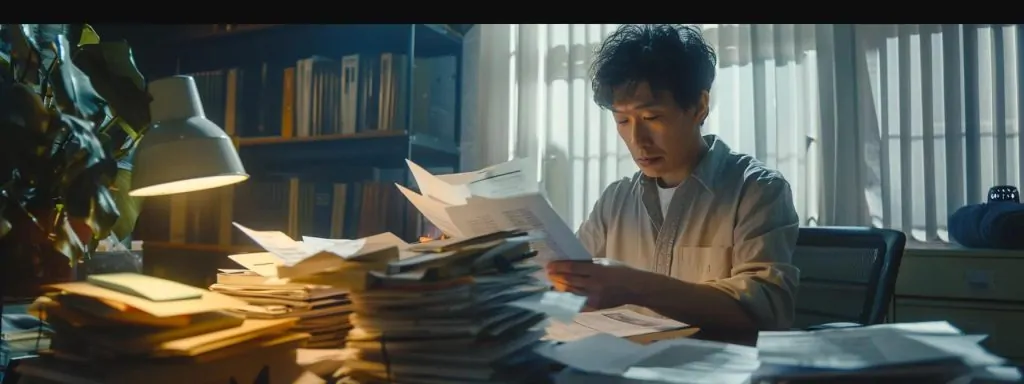 a solemn office setting with a focused individual examining a stack of documents, highlighting the critical evaluation of a workers' compensation claim amidst soft, natural lighting that emphasizes the weight of their decision.